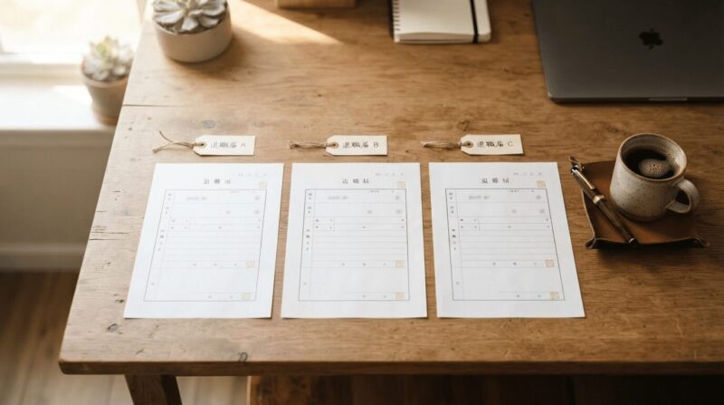 木製の机の上に3枚の書類が置かれていて、退職届、退職願、辞表と書かれている画像