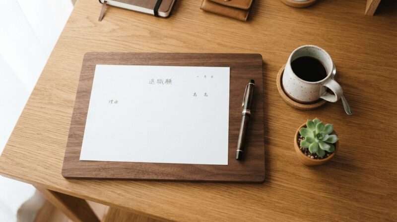 机の上で書類を作成している様子、コーヒーも置かれている
