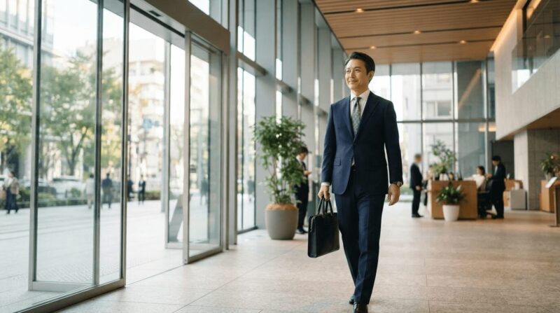 清々しい表情で職場を歩く壮年の男性サラリーマンの画像