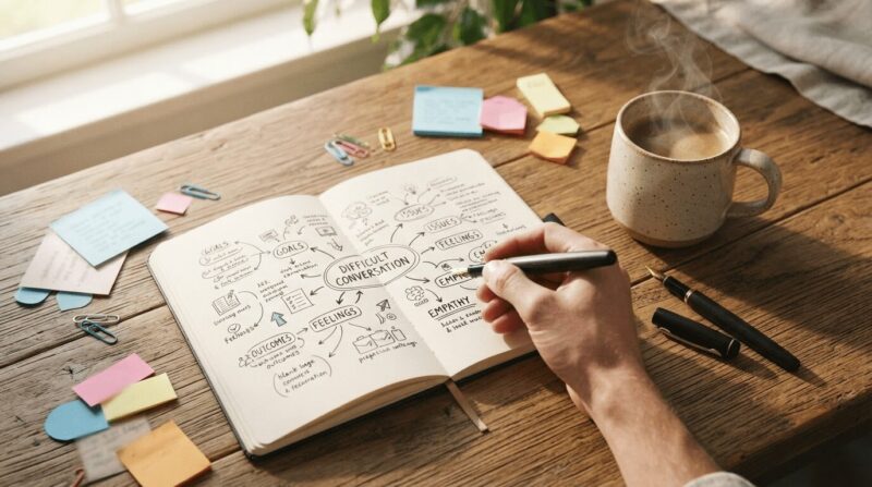 ノートにマインドマップを描く俯瞰シーン。付箋とコーヒーで「思考整理」の象徴。