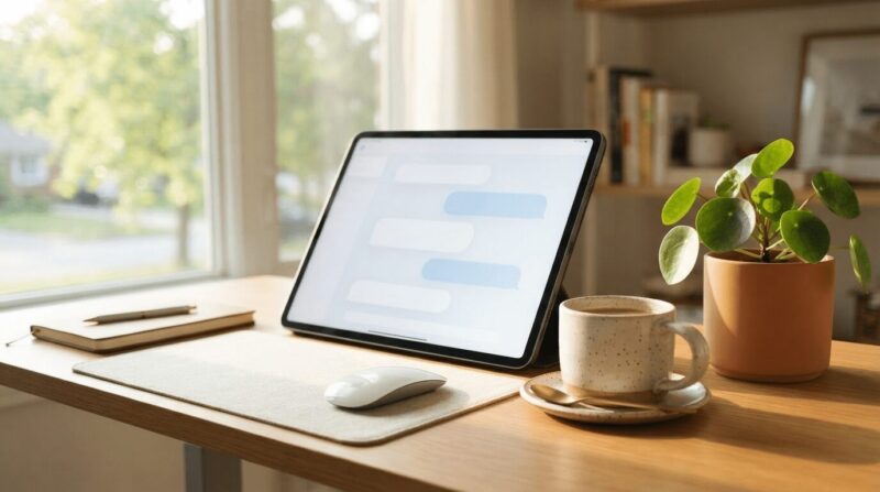 ノートPCのチャット画面とコーヒー。「AI対話で整理」の象徴