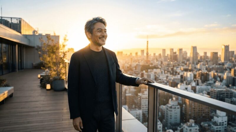 朝日に向かって微笑む40代男性。「未来志向の門出」の象徴