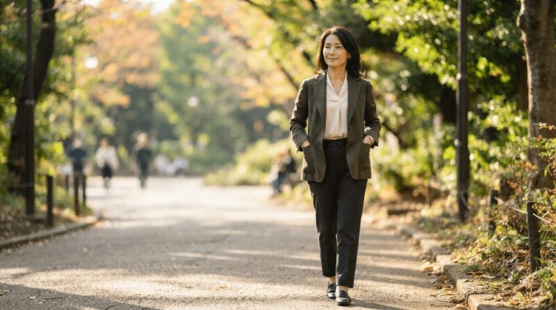 公園を穏やかに歩く40代女性。「内面の平静」を象徴する人物カット。