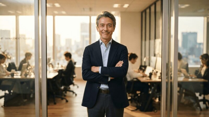 オフィス出入り口で腕を組んで堂々と立つ40代男性。「不退転の覚悟」の象徴。