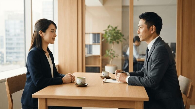 応接室での1対1の敬意ある会話。「品位ある対話」の象徴。