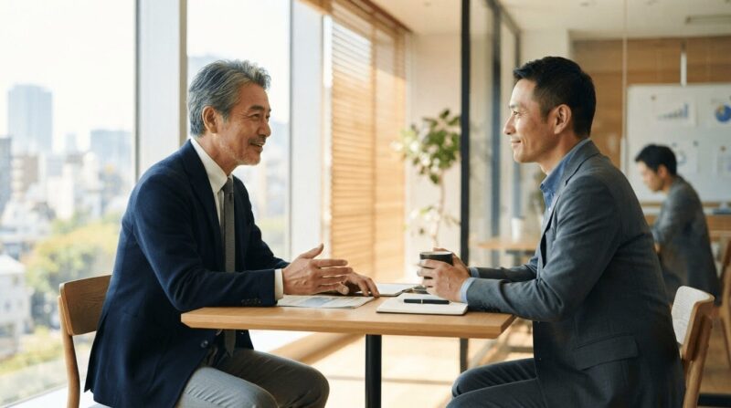 マネージャーの説得に冷静な笑顔で応じる40代部下。「落ち着いた対応」の象徴。