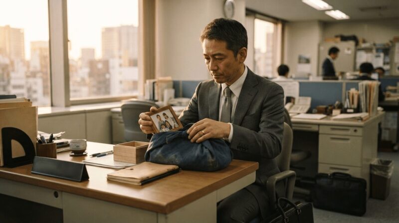 デスク周りを丁寧に箱詰めする40代男性。「17年分の集大成」の象徴