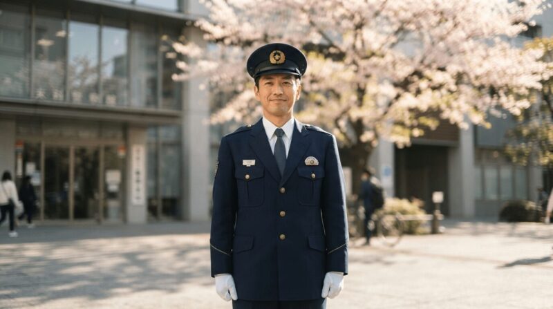 男性の警察官姿、桜のほのかに見える前での凛とした肖像写真風イメージ