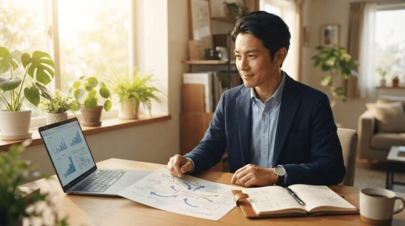 デスクで戦略チャートとノートPCに向かい、冷静かつ決意に満ちた表情の40代男性