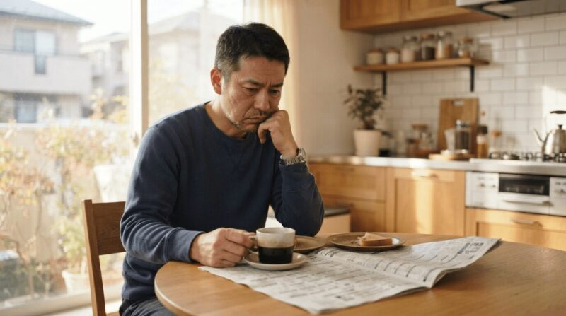 求人欄の新聞を読みながら、現状の厳しさを実感している表情でテーブルに頬杖をつく40代男性