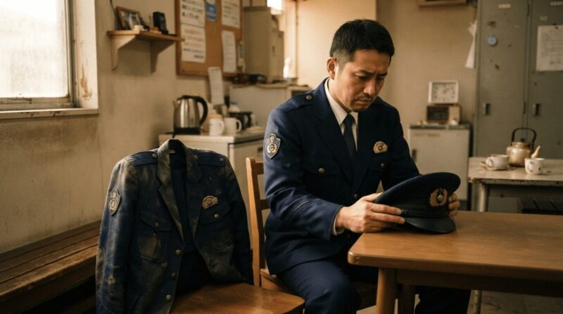 休憩室で制帽を両手で持ち、制服を見つめながら複雑な表情を浮かべる警察官姿の40代男性