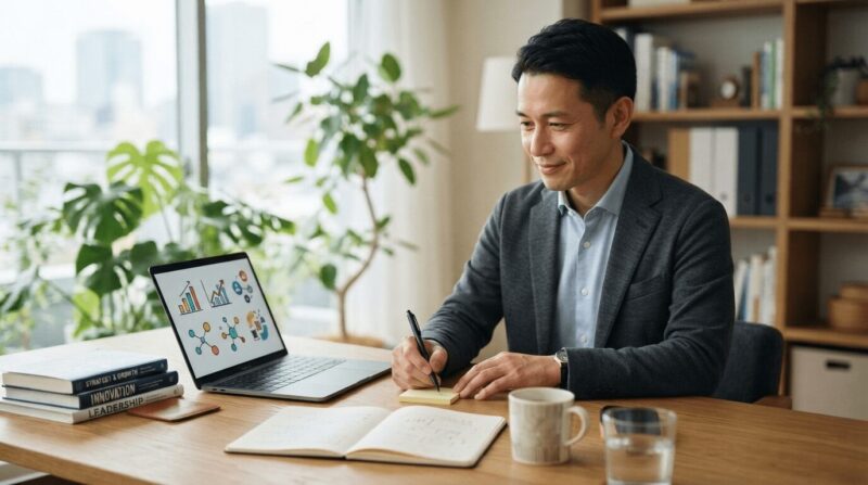 デスクでスキルチャートを睨みながらイエロー付箋に書き込み、ビジネス書を参照する準備中の40代男性