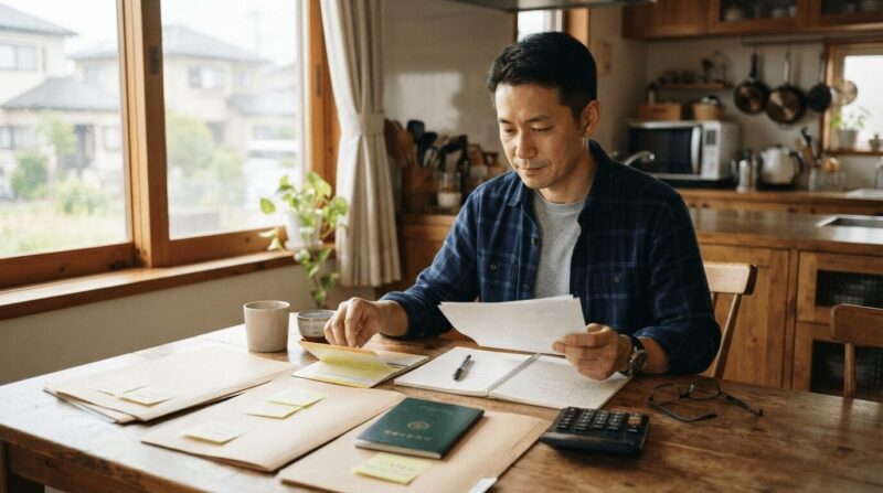 ダイニングテーブルに整理された書類フォルダ・電卓・年金手帳・通帳を広げ、ひとつずつ確認する40代男性