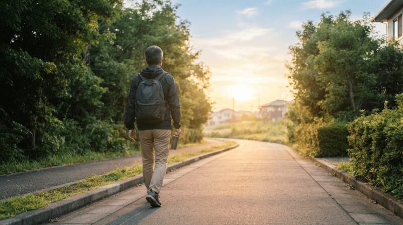緑豊かな郊外の小道を、朝日の金色の光を目指して穏やかに前進する40代男性の象徴的な後ろ姿