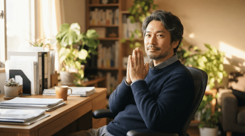 資料が並ぶ机の前で手を合わせている中年男性の姿