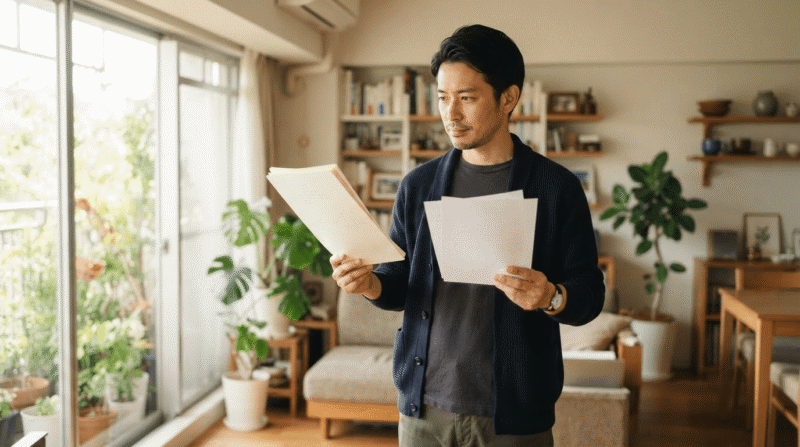 中年男性が立って両手に資料を持ち、内容を見ている姿