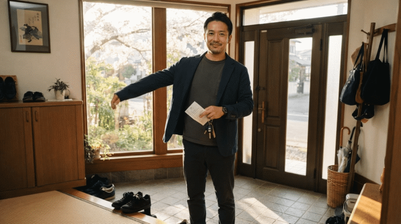 玄関でジャケットを羽織り出かける準備をする中年男性の姿