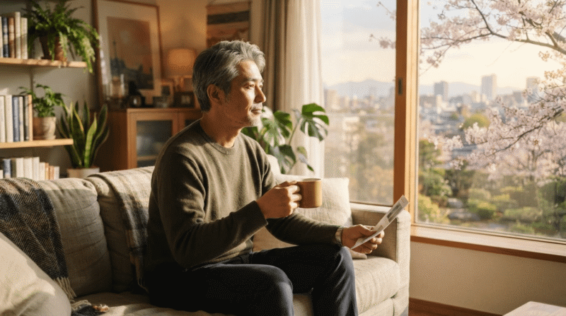 ソファに座ってコーヒーを飲みながら窓の景色を眺めている中年男性の姿