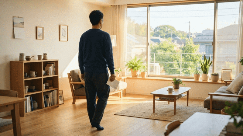 中年男性が部屋の中で窓辺に向かって歩いている姿