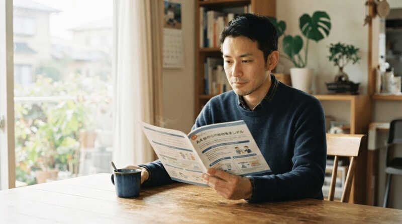 政府の案内パンフレットを開いて、その内容を確かめるように見つめる40代男性