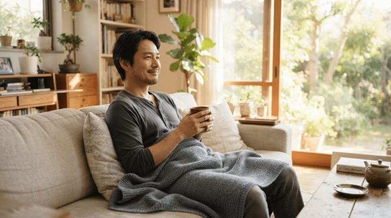 午後の柔らかな日差しの中、ソファでクッションを抱えて温かいお茶を飲みながら静かに休養する40代男性