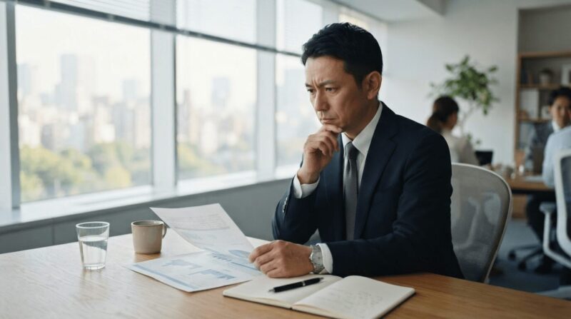 デスクで書類を読みながら、頬杖をついて深刻な表情で難しい決断を weighing する40代男性