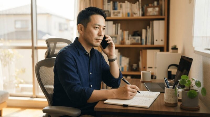 マートフォンで問い合わせの電話をかけ、ノートを広げてメモを取る準備万端の40代男性