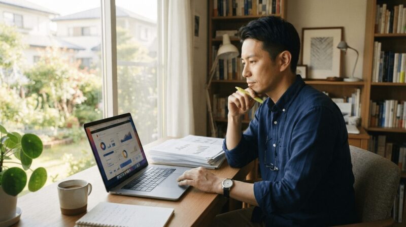 ラップトップで情報サイトを確認しながら、書類の山とマーカーペンを使って制度を調査中の40代男性