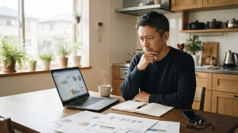 ノートPCと手書きメモ、書類を前に、仕事と療養のバランスを慎重に考える心配そうな表情の40代男性