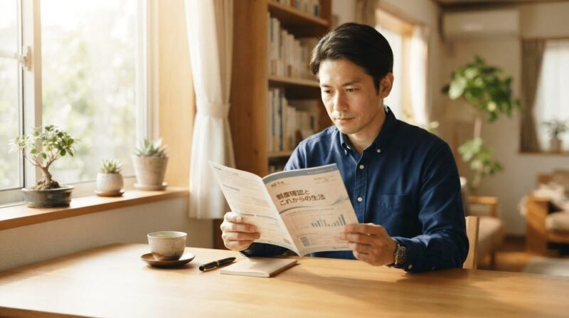 デスクで政府の案内パンフレットを落ち着いた表情で読む40代男性