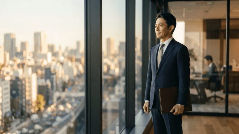 都会を見下ろすオフィスで考えるミドル世代男性