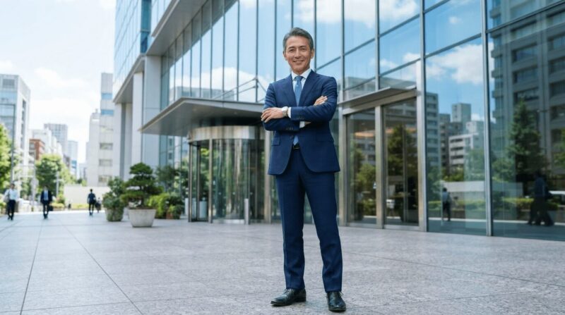 ガラス張りのオフィス前に立つネイビースーツ
