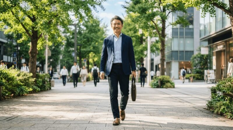 木漏れ日の街路を前向きに歩く希望に満ちた男性