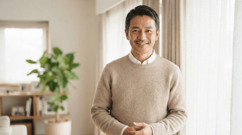 信頼感のある笑顔でベージュニット姿の40代男性