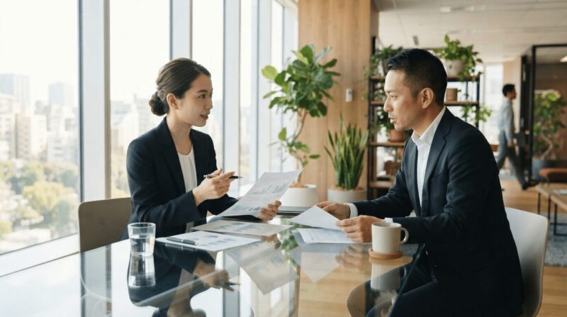 明るく清潔なオフィスで資料を比べ合う2人