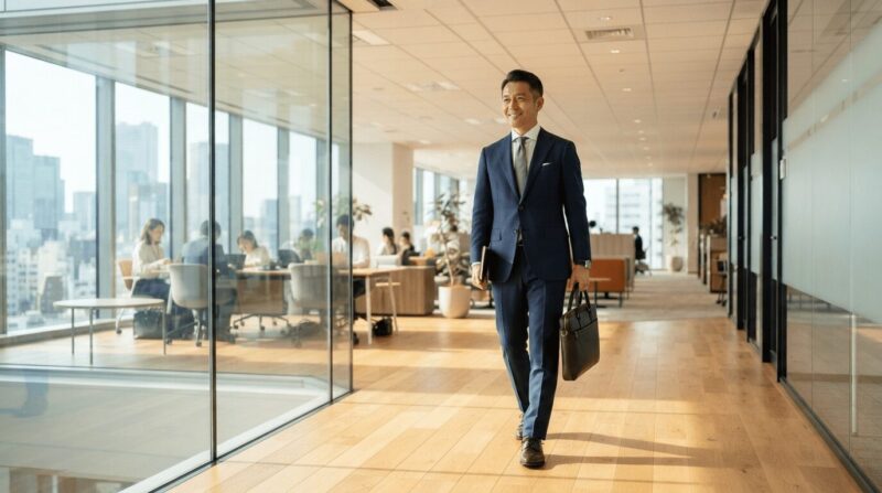 明るい廊下を颯爽と歩くビジネスパーソン