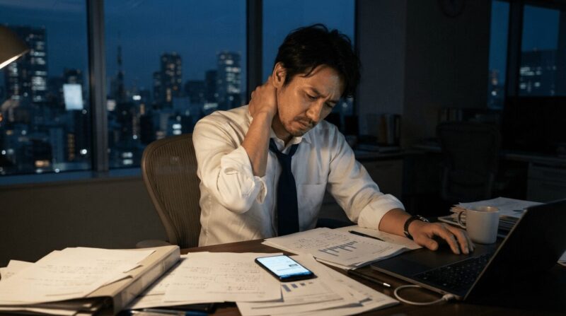 夜遅くまでデスクで疲れた様子のオフィスワーカー
