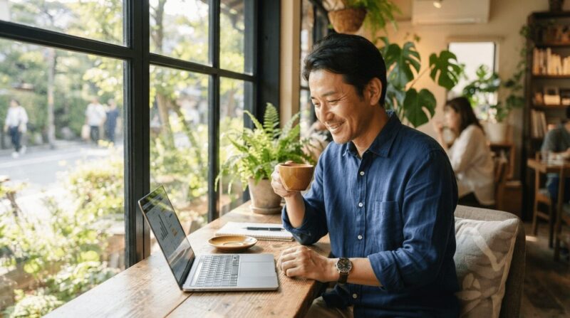 カフェでゆったりとノートPCに向かう中年人
