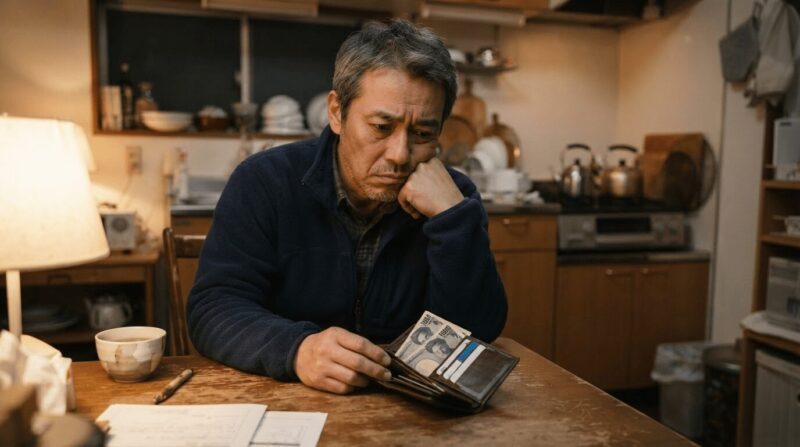 自宅のテーブルで財布を見つめる不安そうな男性