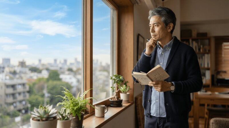 ノートを持ちながら明るい窓辺で考える様子