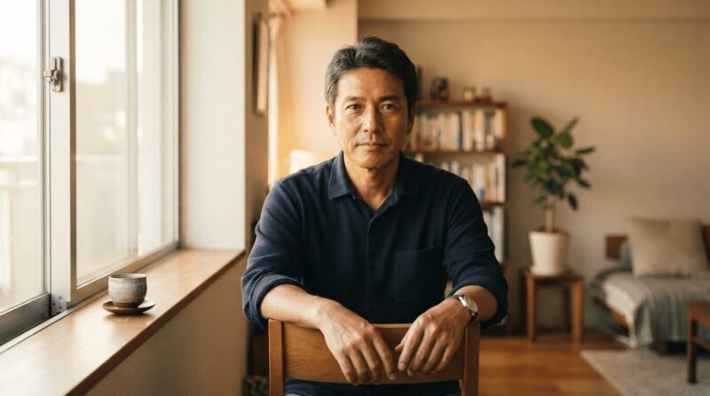 窓際の椅子で静かに決意を語る40代後半男性の姿
