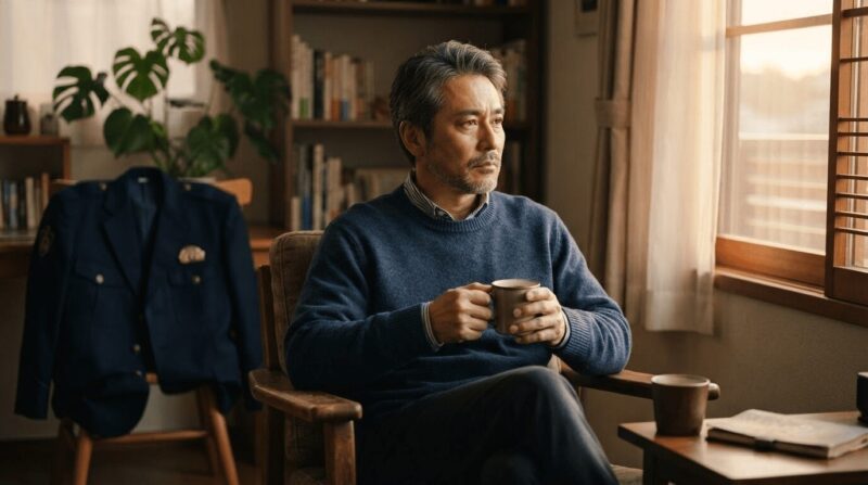 コーヒー杯を手に熟考する姿・奥に制服ジャケット
