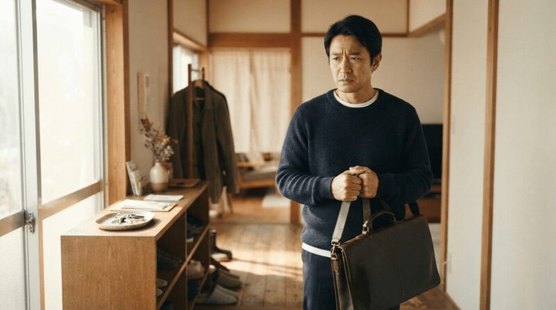 バッグを握りしめて玄関に立つ姿・不安げな表情