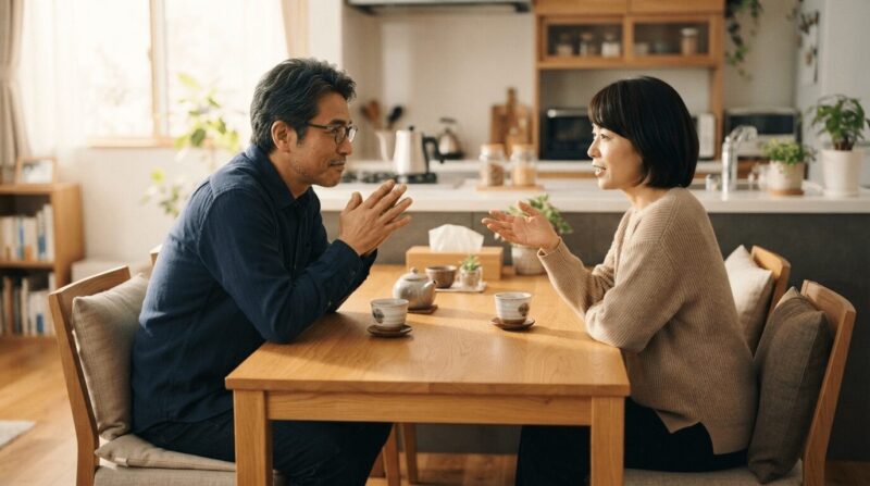 ダイニングテーブルで夫婦が向き合い相談している姿