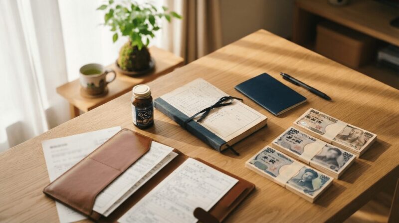デスク上に整理されたお金・保険書類の静物