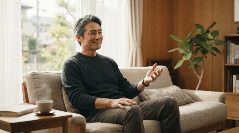ソファで寛ぎ「手放す」ジェスチャーをする40代後半男性の姿
