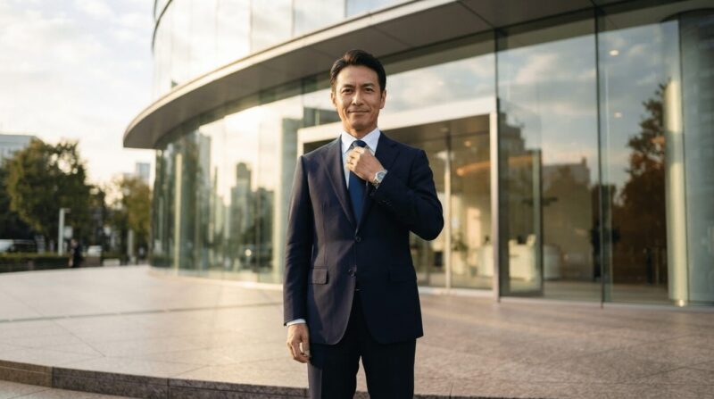 オフィスビル前でスーツ姿で堂々と立つ男性