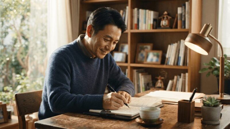 自室でノートに向かい、真剣な表情で何かをつづる40代男性