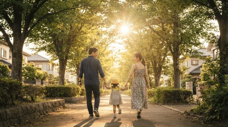 緑の木漏れ日の下、家族3人で手をつなぎ明るい未来へ向かって歩く後ろ姿