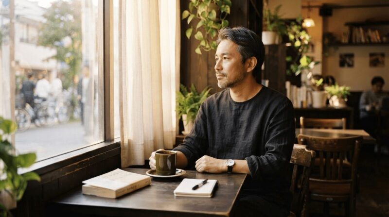 カフェの窓際でコーヒーカップを持ち、静かに思いに耽る40代男性